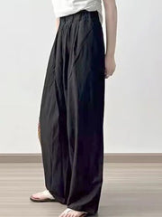 Elasticity Pleated Pockets Solid Color High Waisted Loose Trousers Pants