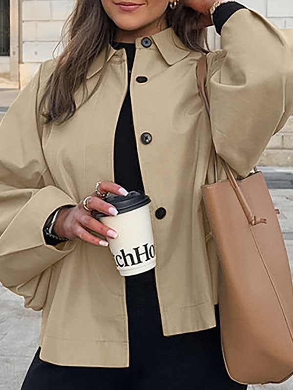 Buttoned Pockets Long Sleeves Loose Lapel Trench Coats Outerwear