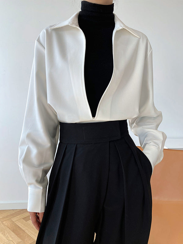 Solid Color Long Sleeves Loose Lapel Blouses