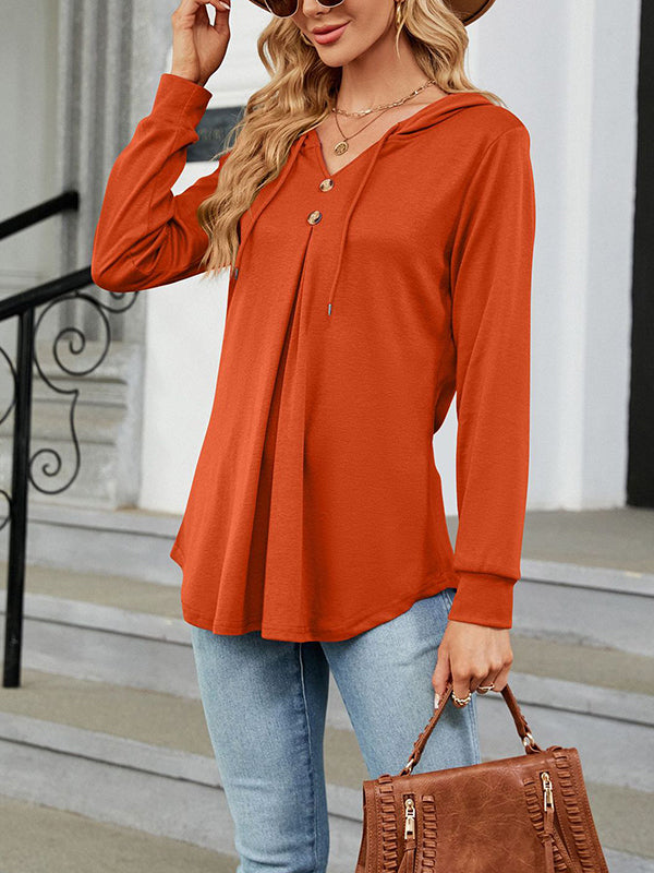 Buttoned Drawstring Hooded Solid Color Long Sleeves Loose V-Neck T-Shirts Tops