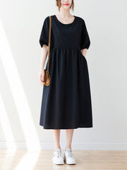 Casual Half Sleeves Loose Elasticity Split-Joint Solid Color Midi Dresses