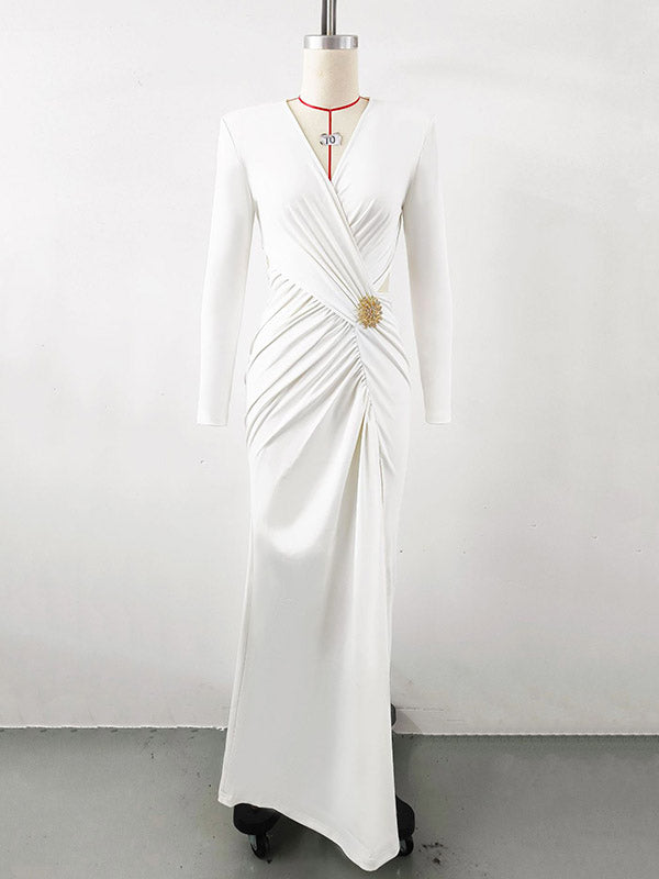 Asymmetric Hollow Pleated Rhine Stones Shoulder Pad Split-Side Long Sleeves Skinny V-Neck Maxi Dresses