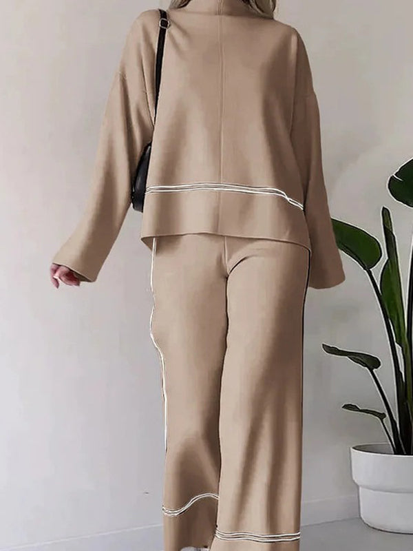 Contrast Color Split-Side High-Low Round-Neck Sweater Top + High Waisted Pants Bottom Two Pieces Set