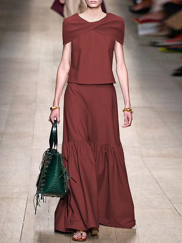 Pleated Solid Color Split-Joint A-line Loose Skirts Bottoms