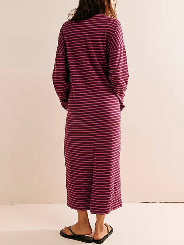 Contrast Color No Belt Split-Joint Striped Long Sleeves Loose Round-Neck Maxi Dresses