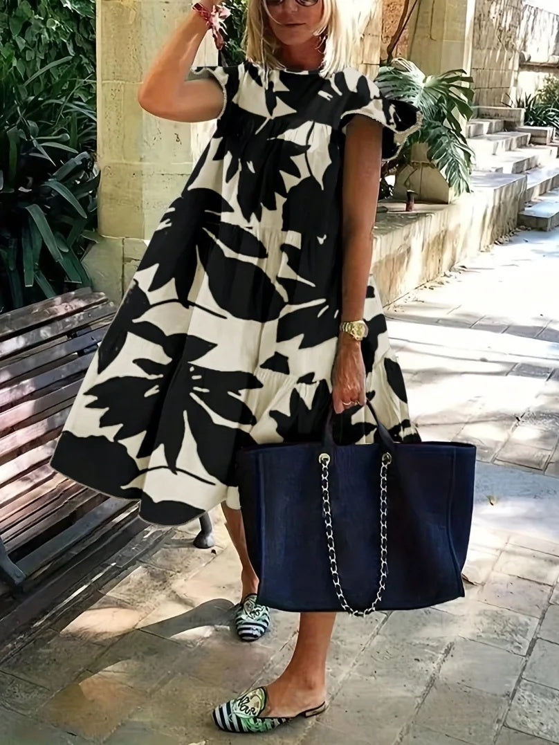 Flower Print Pleated Loose Ruffle Sleeves Round-Neck Midi Dresses