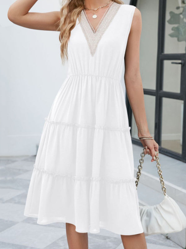 Elasticity Pleated Split-Joint A-Line High Waisted V-Neck Midi Dresses