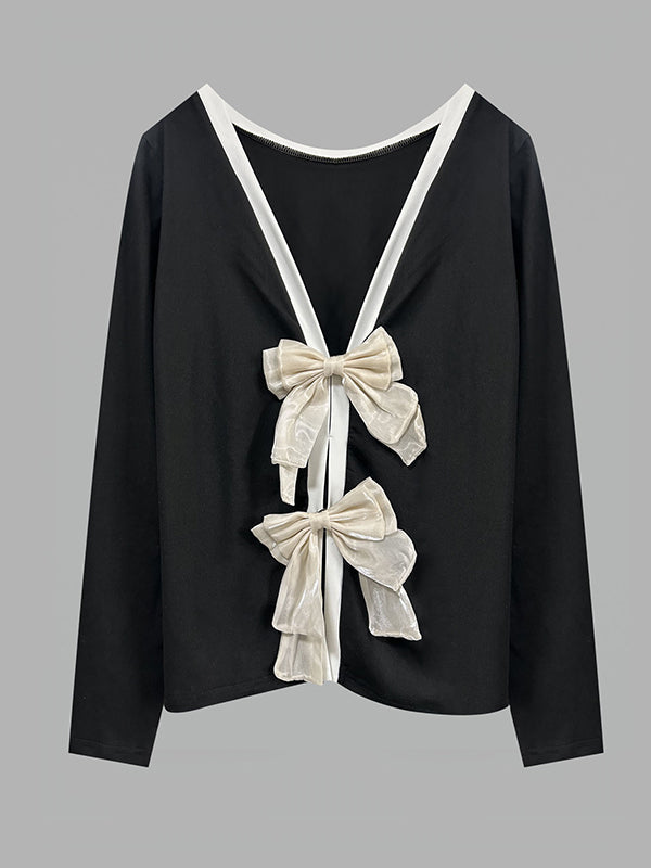 Bowknot Hollow Split-Back Split-Joint Long Sleeves Loose Round-Neck T-Shirts