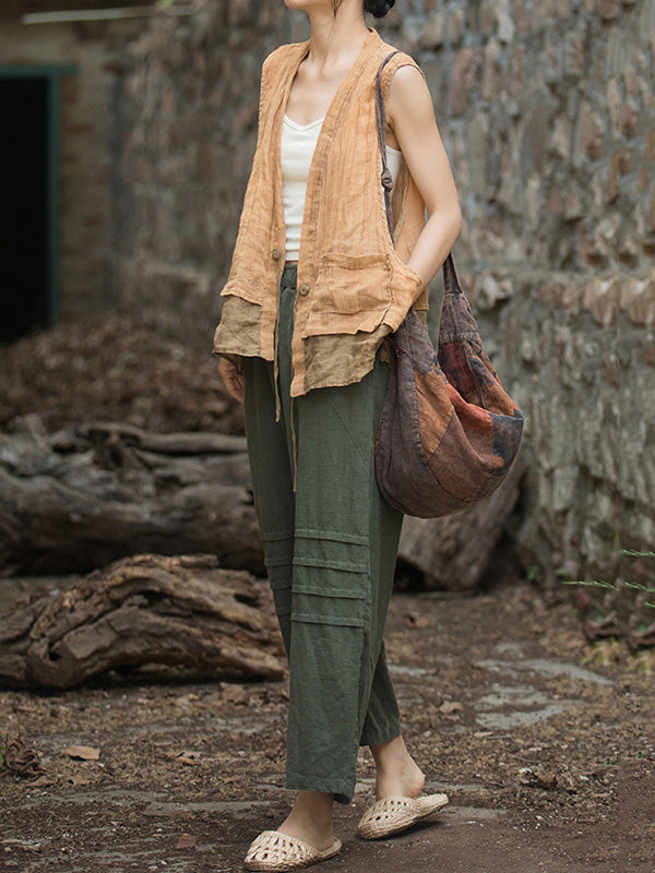 Pleated Solid Color Split-Joint High Waisted Loose Trousers Ninth Pants