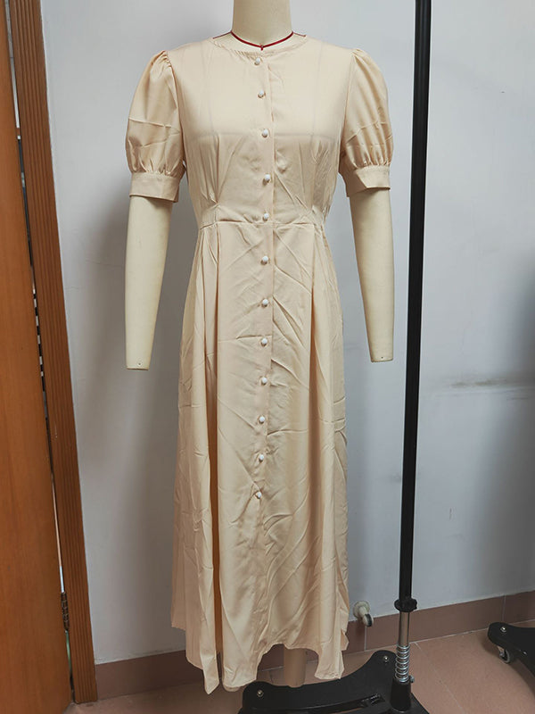 Buttoned Solid Color Puff Sleeves Short Sleeves Round-Neck Shirt Dress Midi Dresses