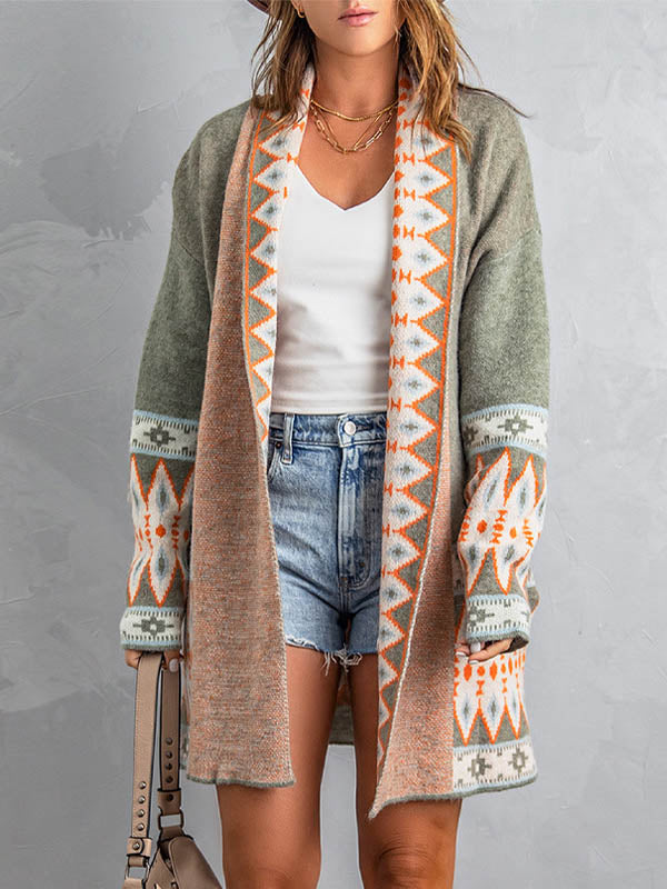 Contrast Color Long Sleeves Loose Collarless Cardigan Tops