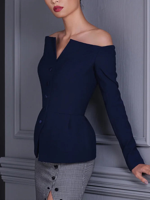 Long Sleeves Skinny Buttoned Solid Color Off-The-Shoulder Blouses&Shirts Tops
