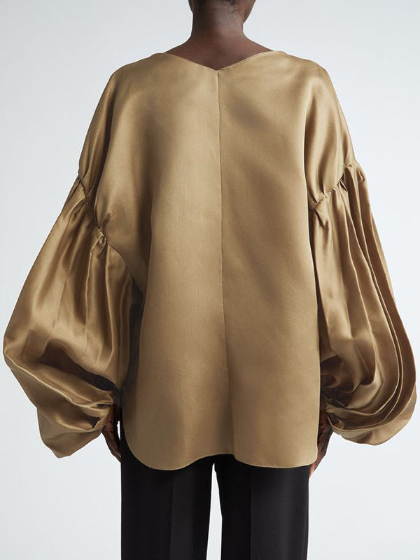 Elasticity Pleated Solid Color Split-Joint Long Sleeves Loose Round-neck Blouses&shirts Tops
