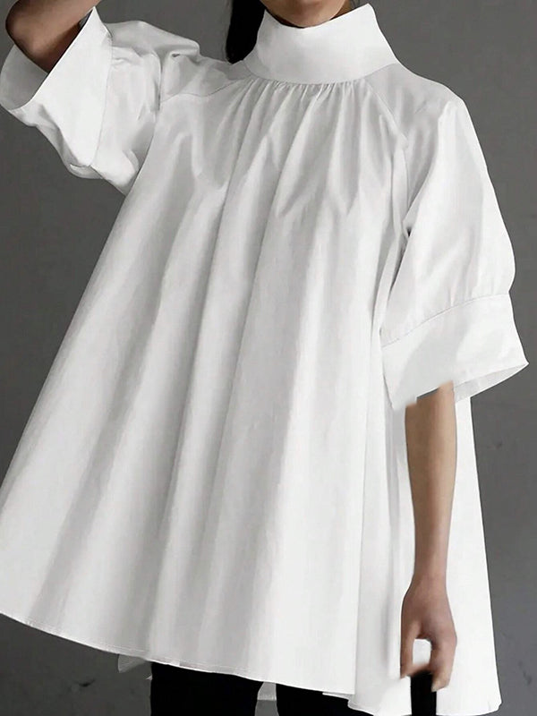 Solid Color Half Sleeves Loose High Neck Blouses&Shirts Tops