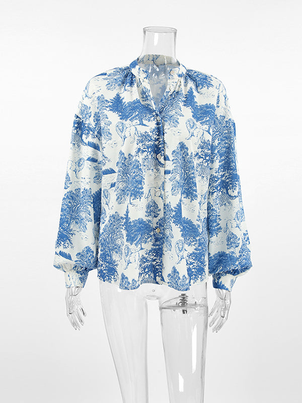 Floral Printed Pleated Split-Joint Loose Puff Sleeves Stand Collar Blouses&Shirts Tops