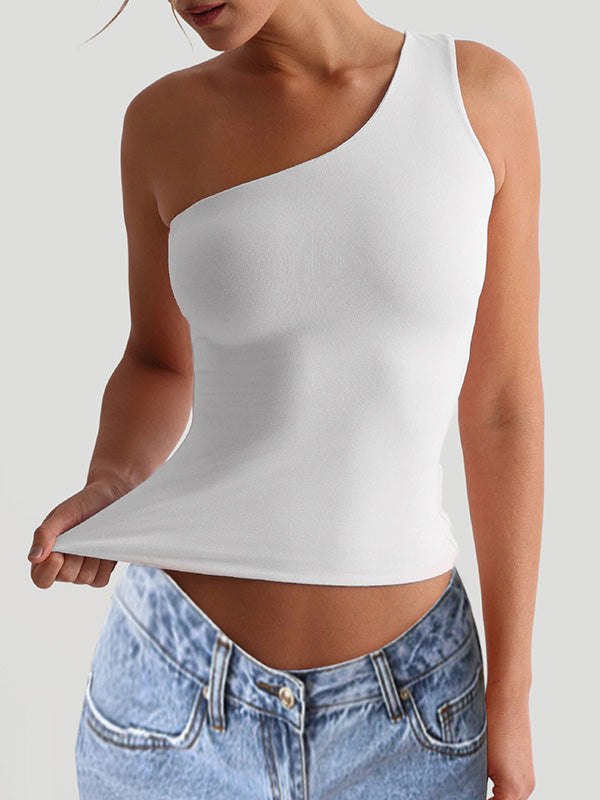 Solid Color Skinny Sleeveless One-Shoulder Vest Top