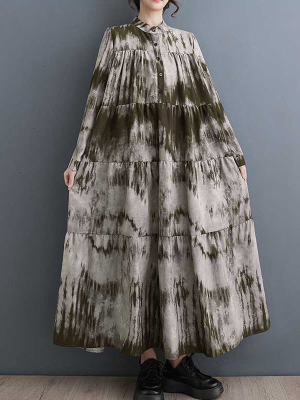 Pleated Printed Split-Joint A-Line Long Sleeves Stand Collar Midi Dresses