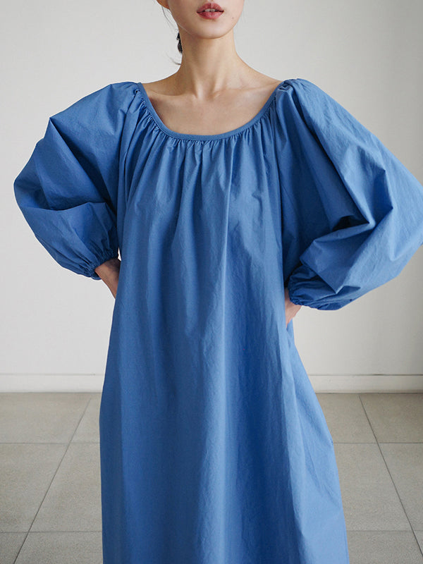 Original Casual Loose Solid Color Pleated Puff Sleeves Midi Dress