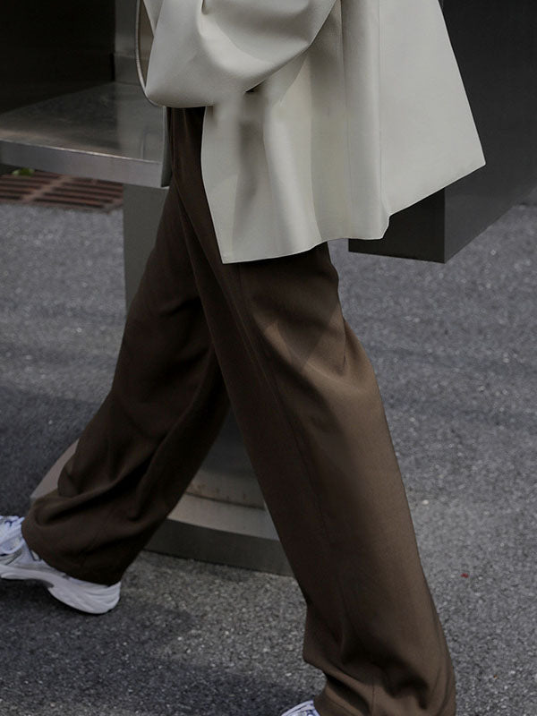 Buttoned Pleated Pockets Solid Color High Waisted Loose Suit Pants