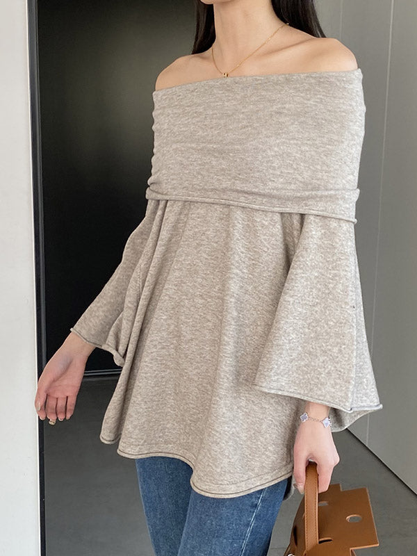 Solid Color Batwing Sleeves Flared Sleeves Off-the-shoulder Knit Top