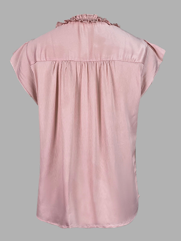 Pleated Solid Color Loose Ruffle Sleeves V-Neck T-Shirts Tops