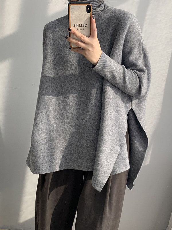 Original 4 Colors Split-Side High-Neck Long Sleeves Sweater Top