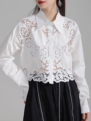 Buttoned Hollow Solid Color Long Sleeves Loose Lapel Blouses&Shirts Tops