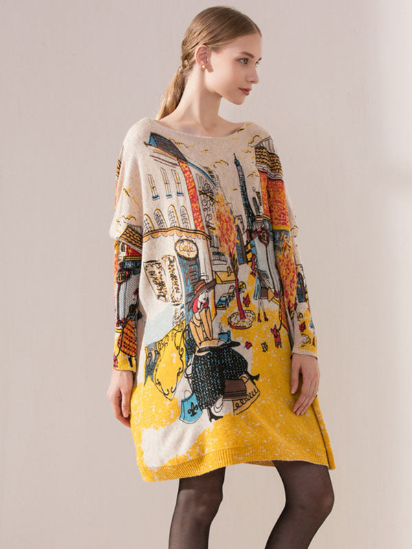 Original Loose Cartoon Printed Round-Neck Long Sleeves Sweater Dress
