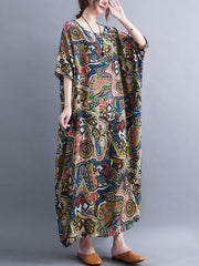 Original Artistic Retro Loose Printed Contrast Color Midi Dress