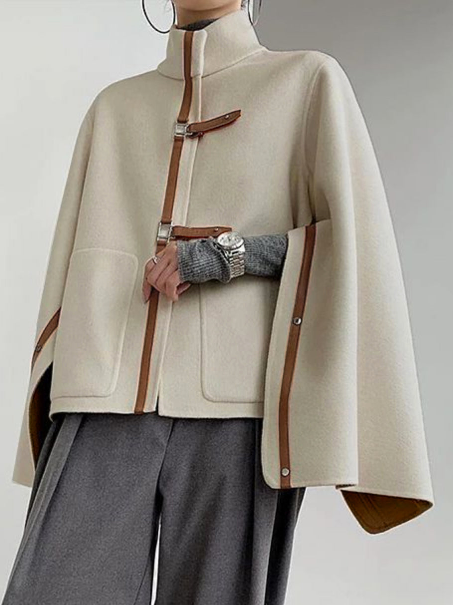 Buckle Long Sleeves Loose High Neck Woolen Outerwear