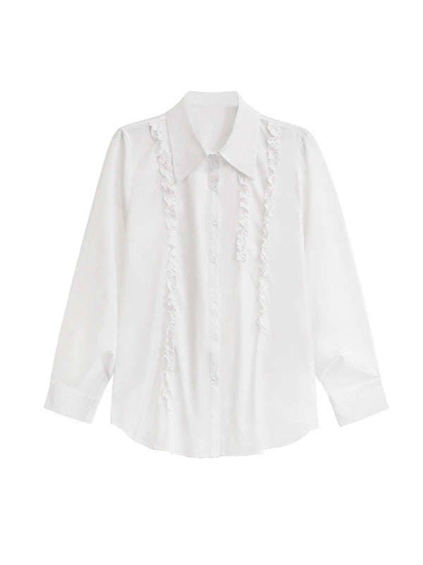 Buttoned Falbala Ruffled Solid Color Split-Joint Hipster Long Sleeves Lapel Blouses&shirts Tops