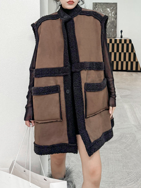 Buttoned Pockets Split-Joint Loose Sleeveless Stand Collar Vest Outerwear
