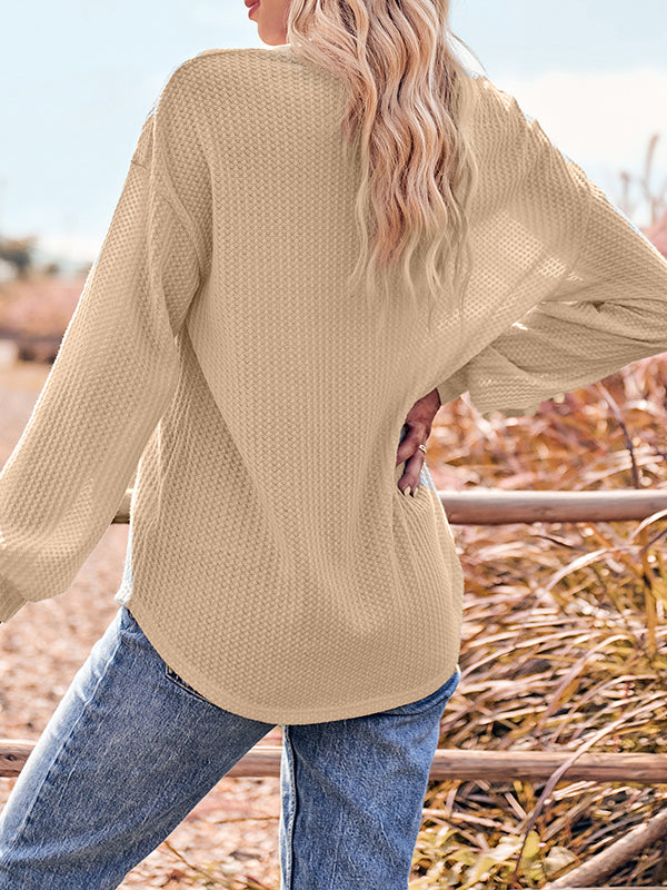 Pockets Solid Color Long Sleeves Loose V-Neck T-Shirts Tops
