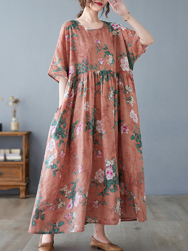 Artistic Retro Loose Original Floral Printed Pleated Midi Dress