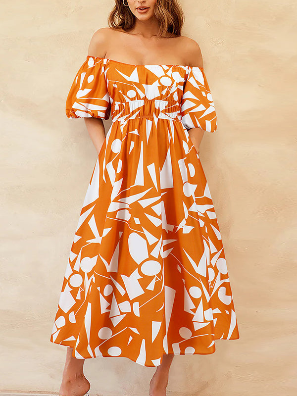 Contrast Color Elasticity Pleated Pockets Printed A-line Espadrilles Off-the-shoulder Midi Dresses