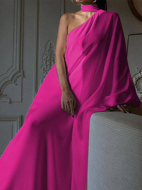 Asymmetric Solid Color Batwing Sleeves Loose Halter-Neck Maxi Dresses