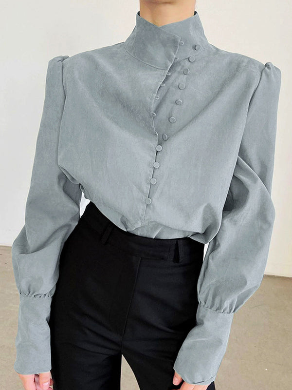 Solid Color Split-Joint Long Sleeves Loose High-Neck Blouses