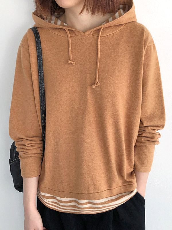 Casual 5 Colors Striped Hooded Long Sleeves Sweater Top