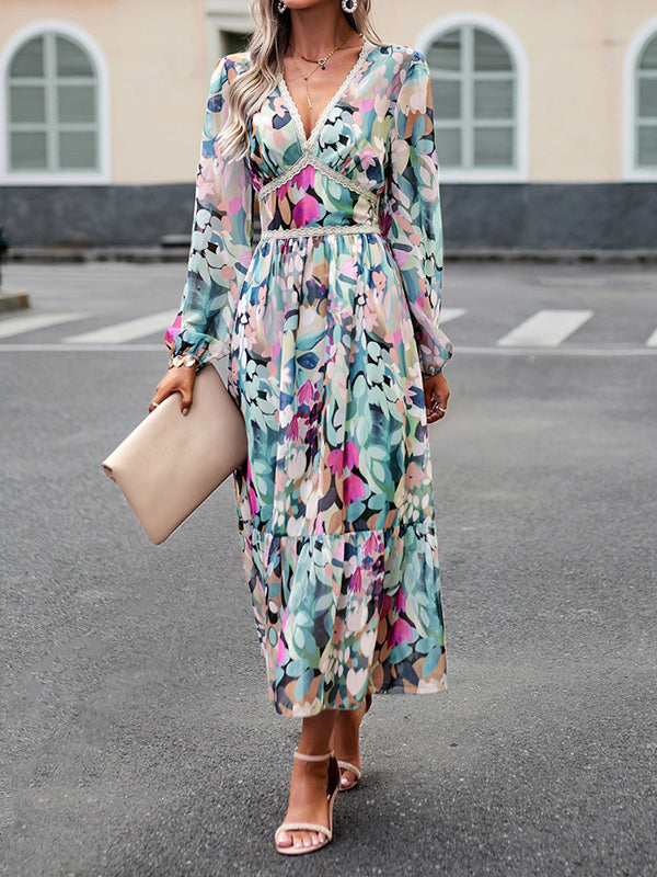 Mesh Printed Split-Joint A-Line High Waisted Deep V-Neck Midi Dresses