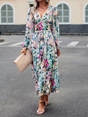 Mesh Printed Split-Joint A-Line High Waisted Deep V-Neck Midi Dresses