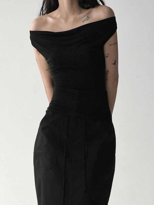 Backless Solid Color Split-Joint Tied Skinny Sleeveless Off-The-Shoulder T-Shirts Tops