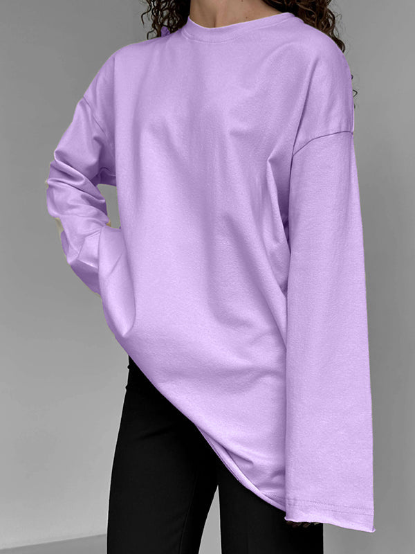 Solid Color Long Sleeves Loose Round-Neck T-Shirts Tops