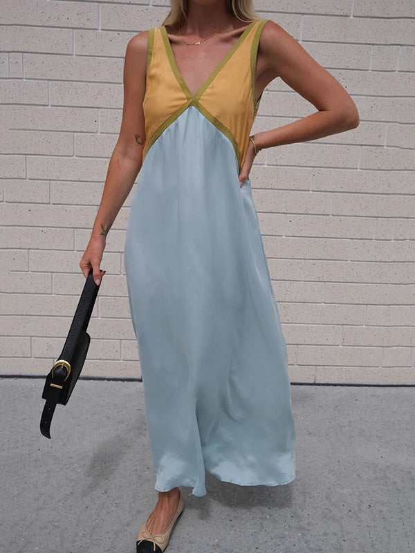 Contrast Color Split-Joint Loose Sleeveless Deep V-Neck Maxi Dresses