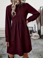 Belted Buttoned Pleated Solid Color Split-Joint A-Line Elasticated Waist Stand Collar Shirt Dress Midi Dresses
