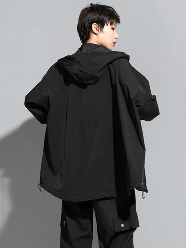 Irregularity Loose Solid Color Zipper Hooded Outerwear