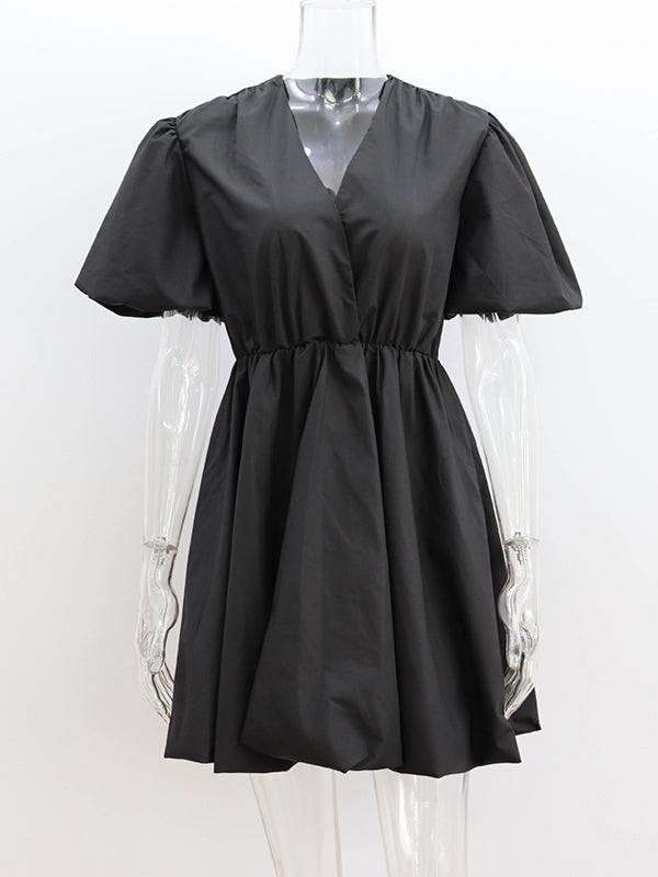 Pleated Solid Color Split-Joint Loose Puff Sleeves V-Neck Mini Dresses