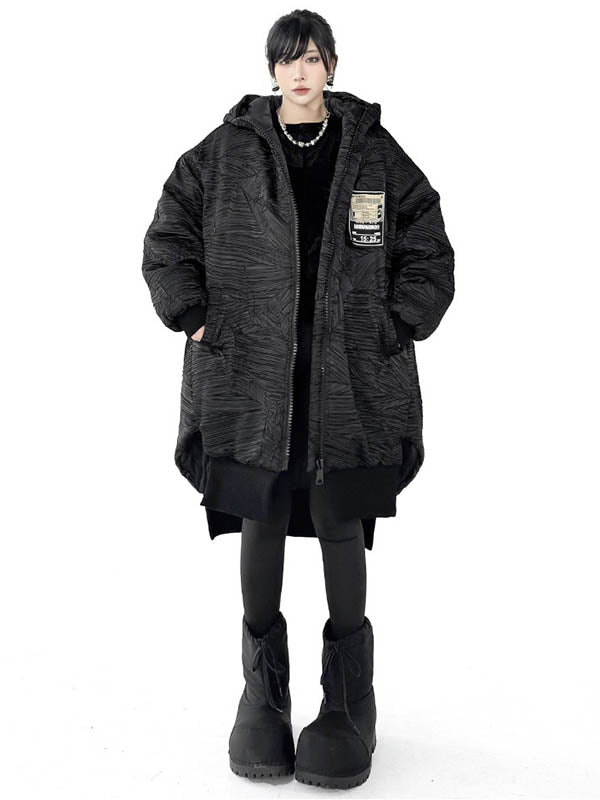 Abstract Printed Contrast Color Split-Joint Zipper High-Low Irregularity Hooded Overcoat Outerwear