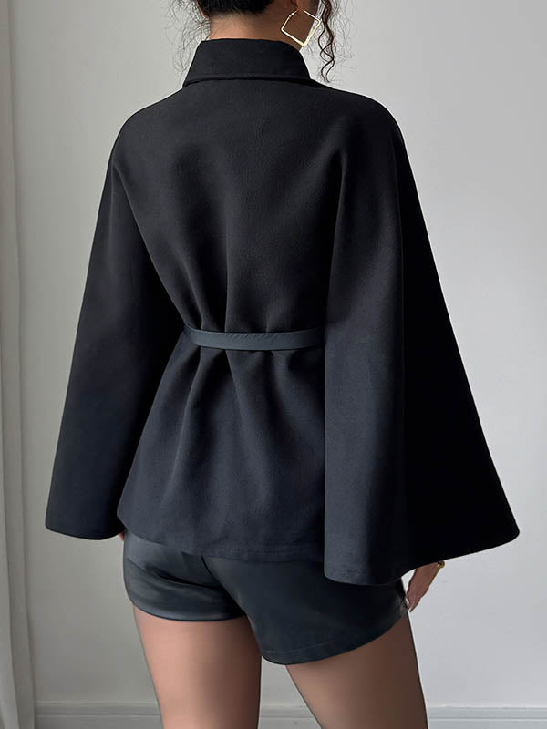 Belted Buttoned Solid Color Batwing Sleeves Long Sleeves Lapel Overcoat