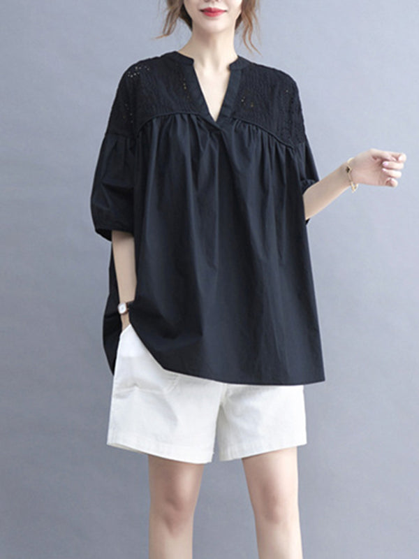 Hollow Pleated Solid Color Split-Joint Half Sleeves Loose V-Neck T-Shirts