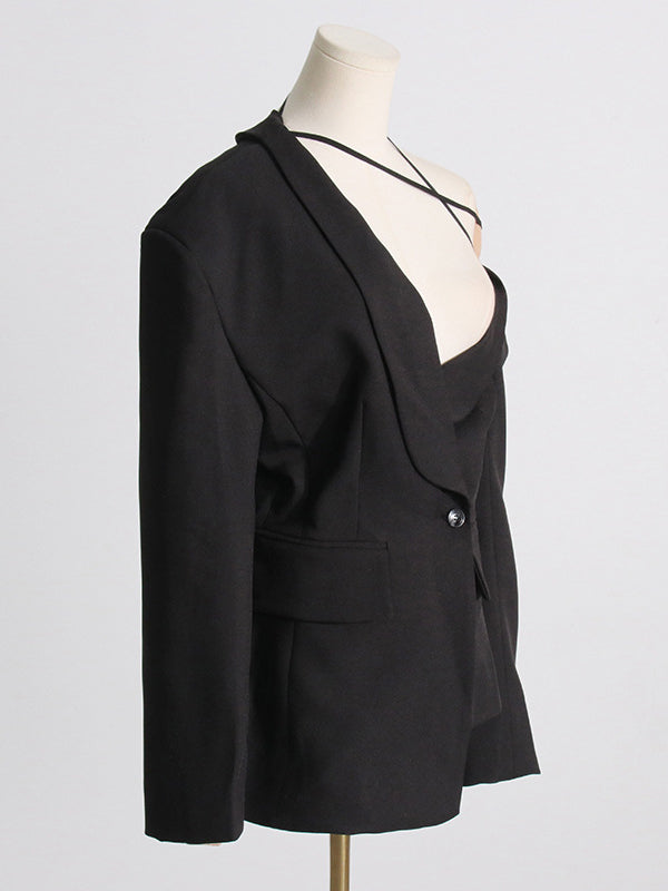 Asymmetric Buttoned Hollow Solid Color Tied Long Sleeves Loose Asymmetric Collar Blazer